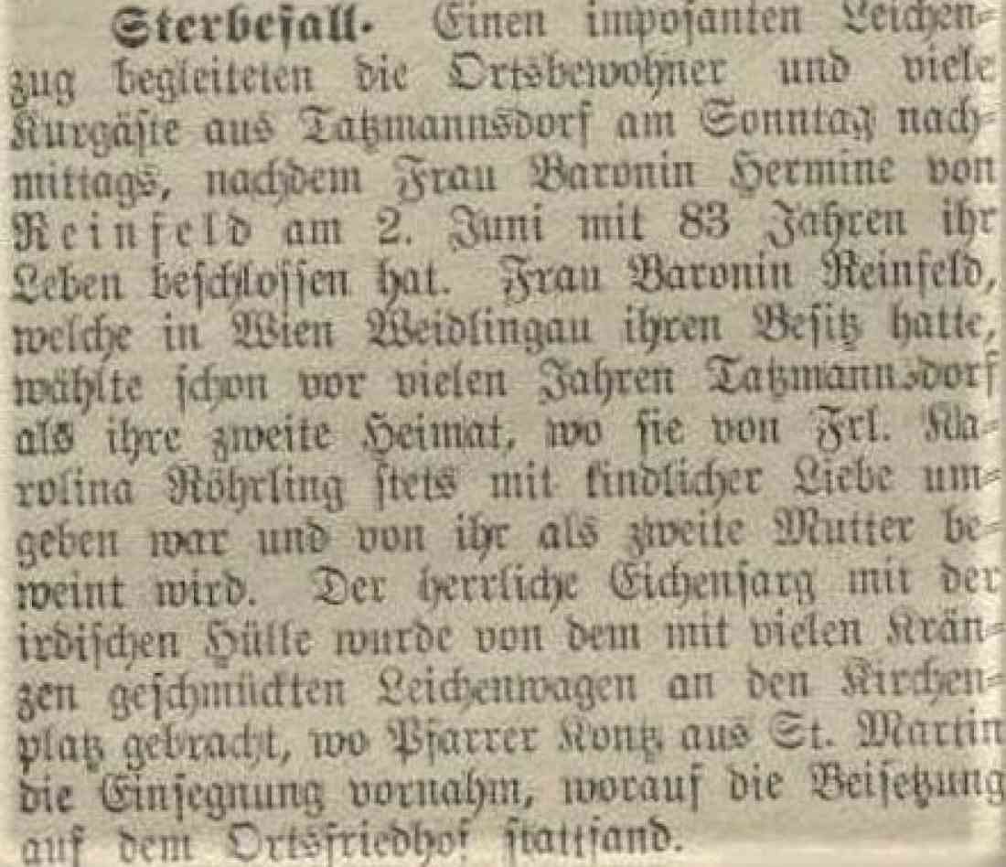 Bericht in der Oberwarther Sonntagszeitung zum Tod von Baronin Hermine von Reinfeld (geb. Eckhard, *1851/+1934)