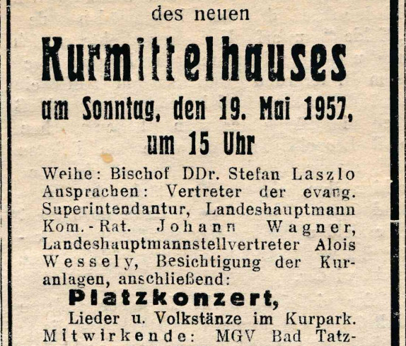 Ankündigung der Eröffnung des Kurmittelhauses